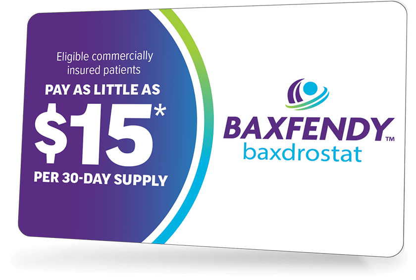 BAXFENDY savings card showing eligible patients may pay as little as 15 dollars per month